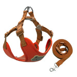 No-pull dog harness and leash set, red padded chest with brown straps and leash