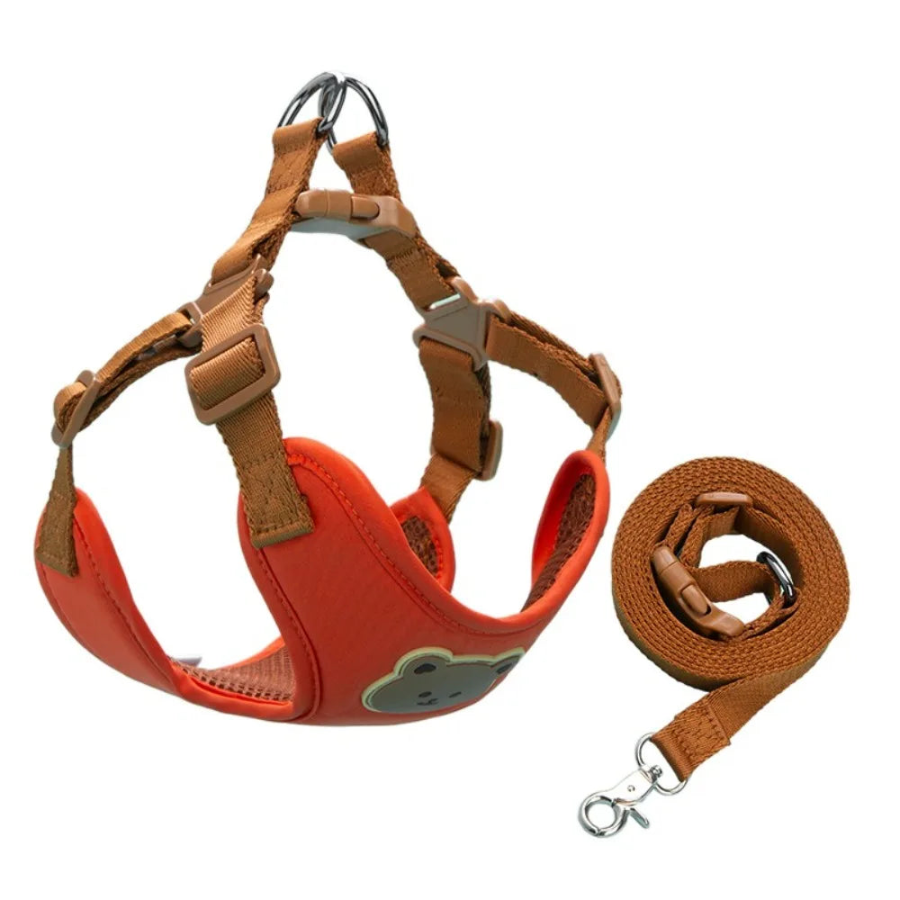 No-pull dog harness and leash set, red padded chest with brown straps and leash