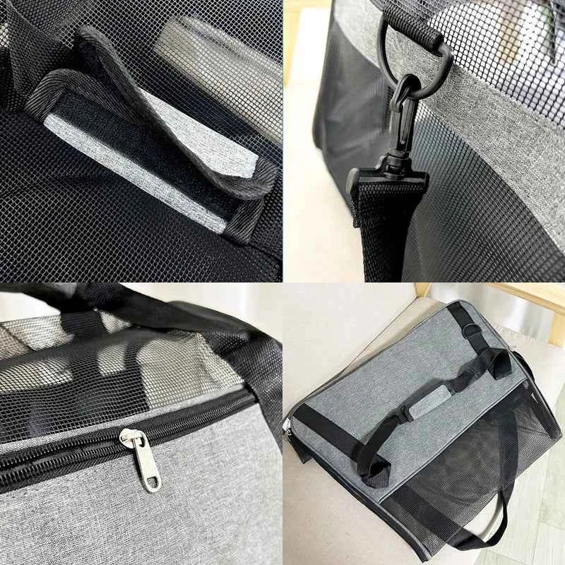 Grey folding pet carrier bag with zip access, mesh panels, and shoulder strap