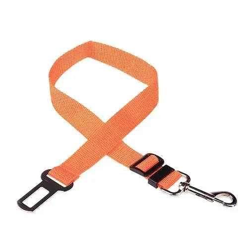 Orange pet car seat belt harness with adjustable clip and metal snap hook D-ring