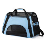 Blue portable cat & dog carrier bag with front mesh panel, zipper, and side handle