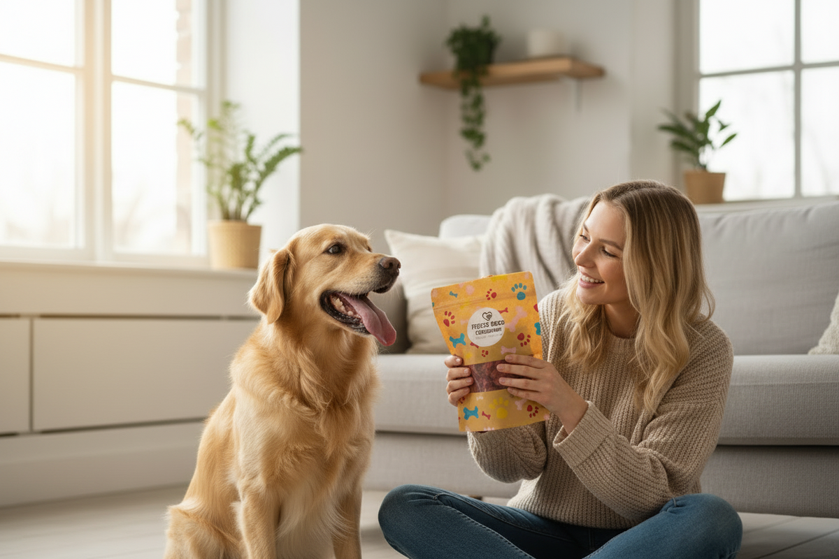 Orange freeze-dried dog treat bag with strawberry pattern, held by person beside dog