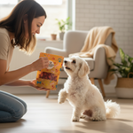 Orange strawberry-pattern dog treat bag, offered to small white dog