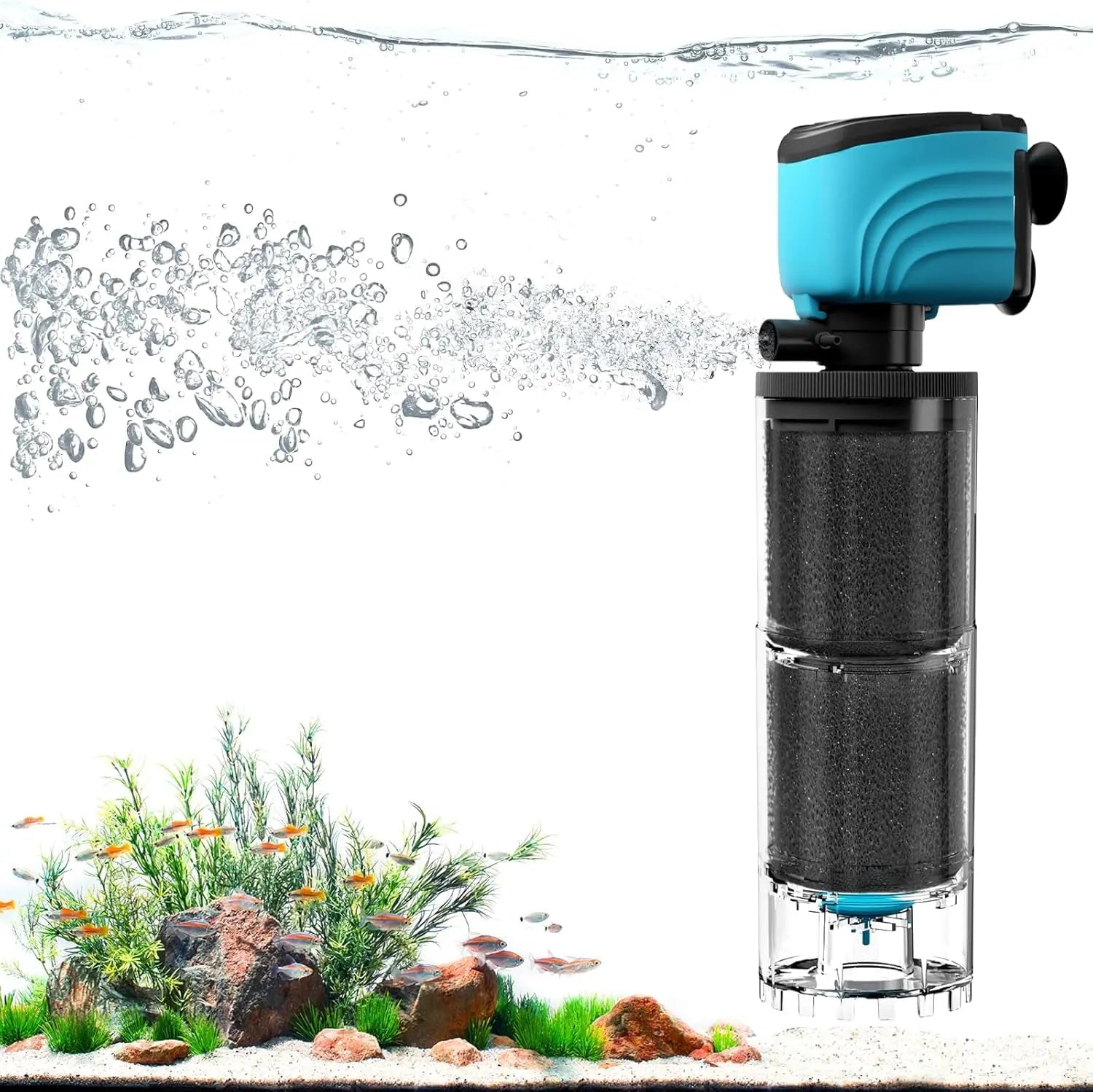 Submersible aquarium filter 6-in-1, blue top and black intake tube for fish and turtles