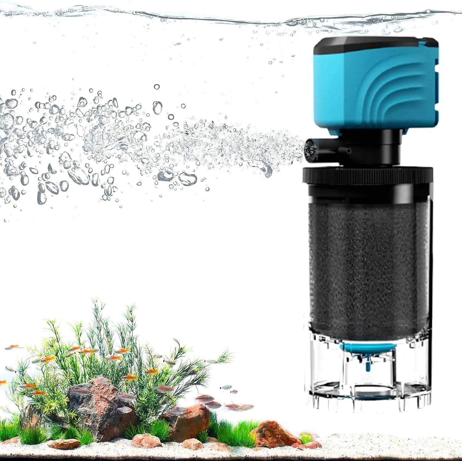 Submersible aquarium filter with blue motor housing and black cylindrical filter media, side view