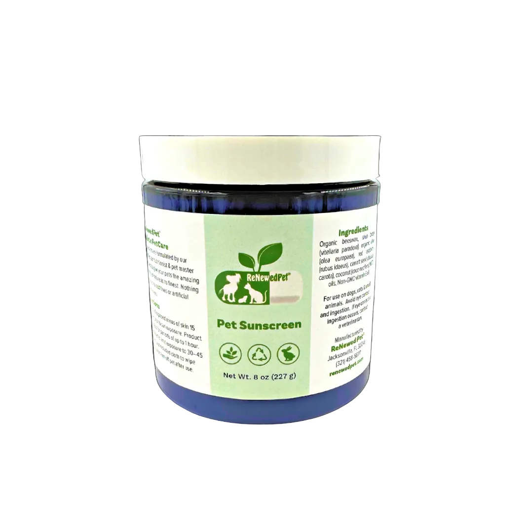 Pet Sunscreen jar with dark blue base, green label, Net Wt. 8 oz (227 g)