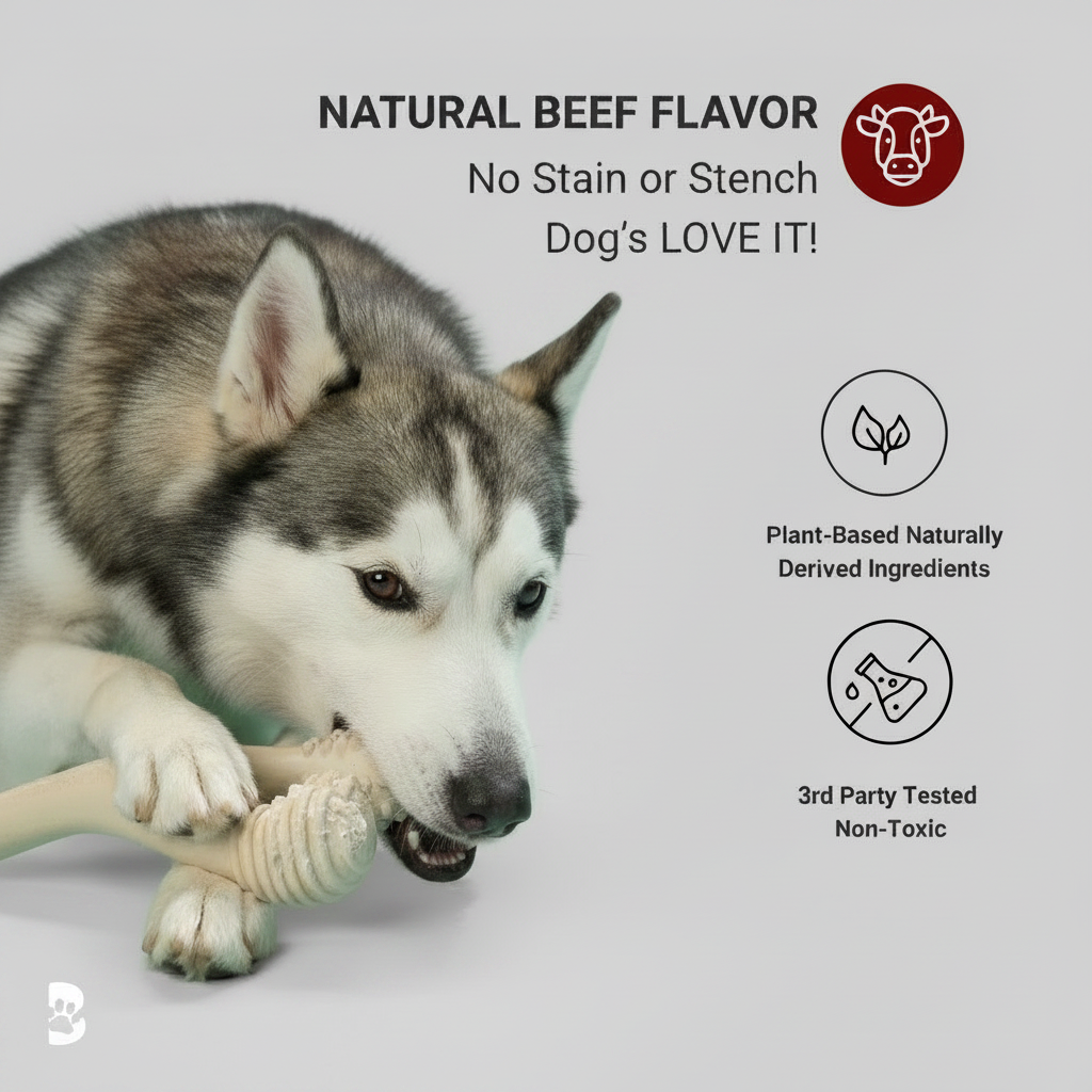 Beef-flavored natural bone chew toy with textured nubs on both ends.