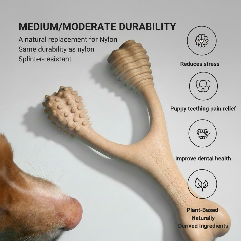 Durability view of a tan bone chew toy with textured teething grip on ends.