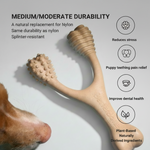 Durability view of a tan bone chew toy with textured teething grip on ends.
