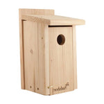 Rectangular light wood bird house with round entrance hole and front latch