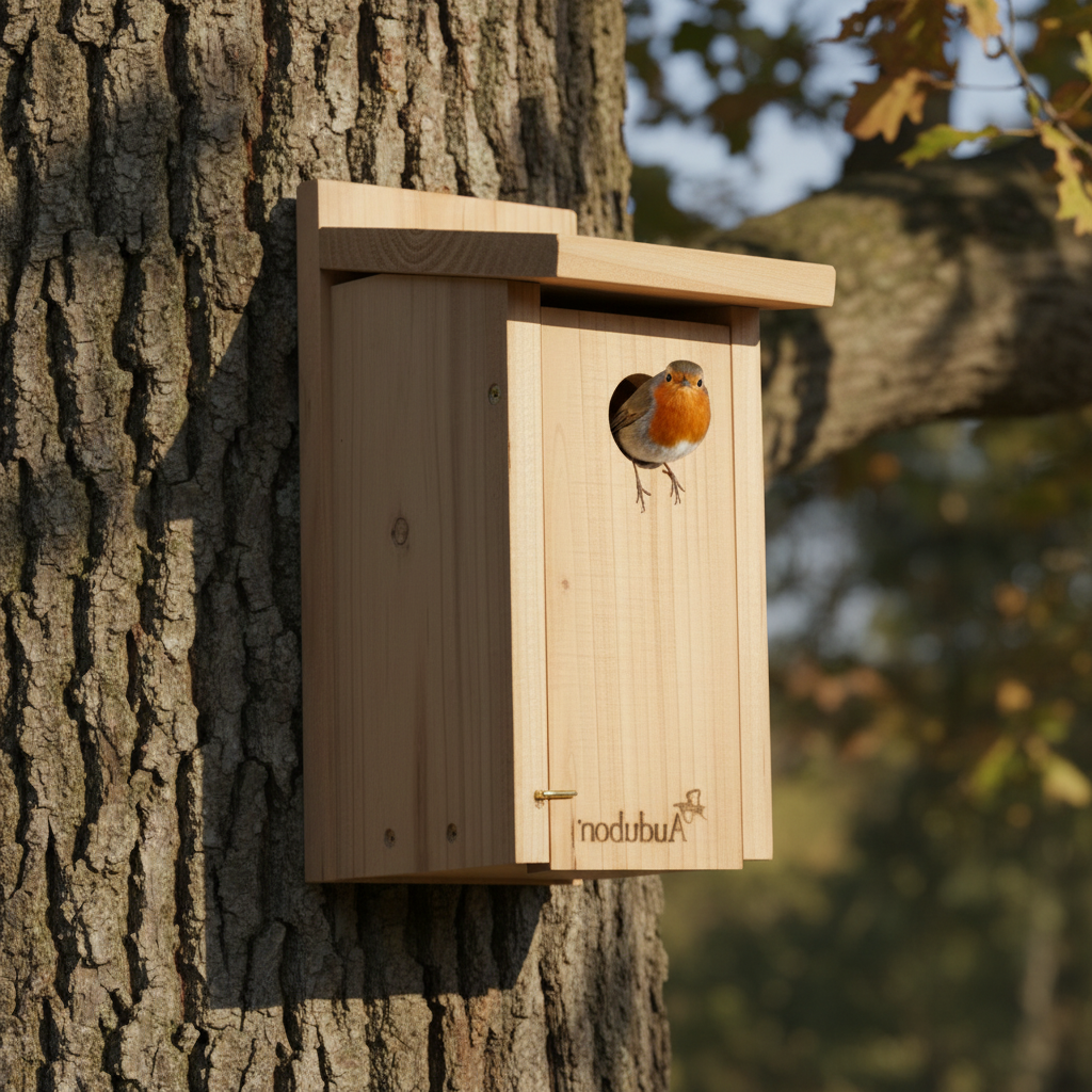 Light wood bird house mounted on tree with round entrance hole