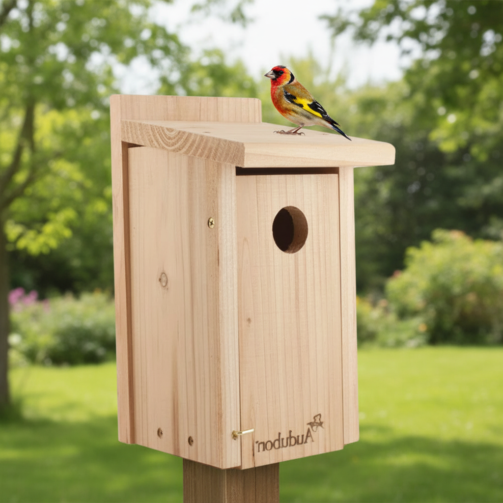 Light wood bird house with round entrance hole and flat roof ledge