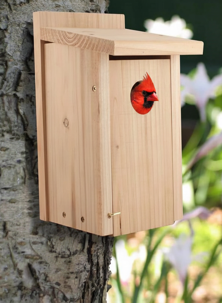 Light wood bird house with roof overhang and round entrance hole on tree