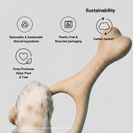 Sustainability view: tan bone chew toy with raised dots and ribbed ends.