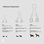 Wishbone chew toy sizing guide with mini, small, and large measurement diagrams.