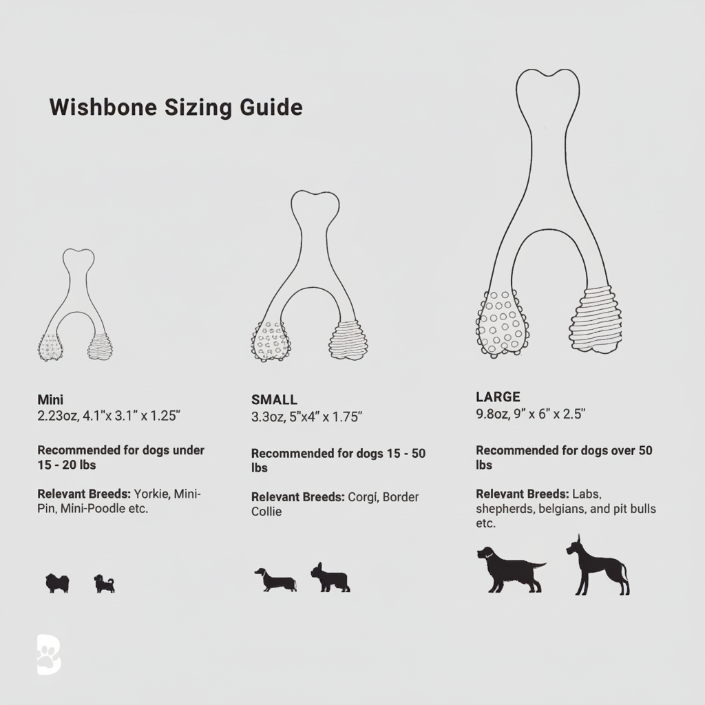 Wishbone chew toy sizing guide with mini, small, and large measurement diagrams.