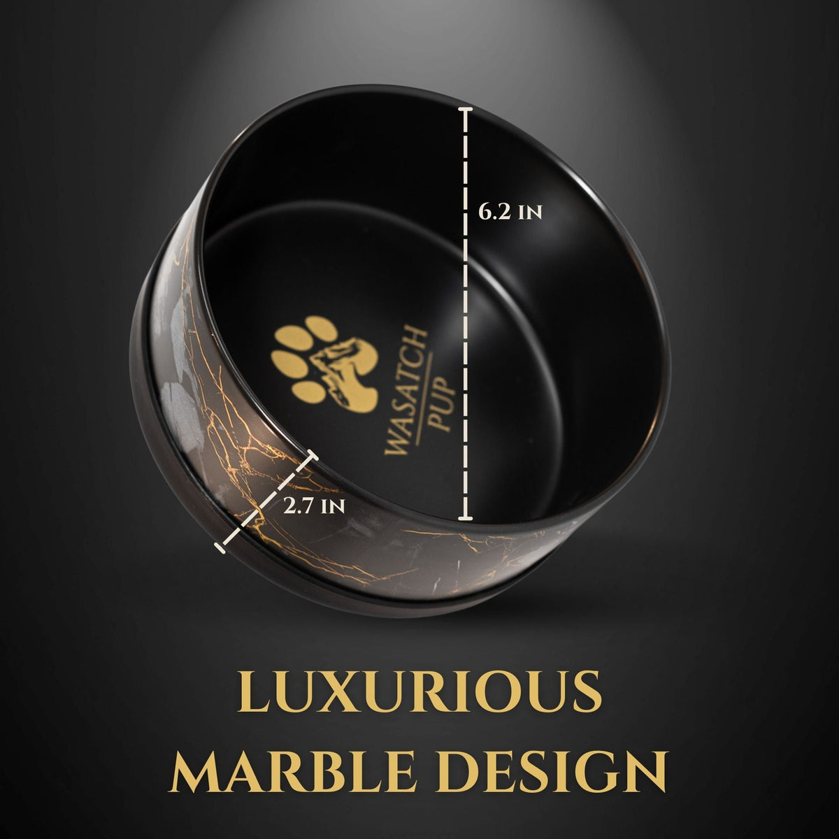 Black ceramic pet bowl with gold marble pattern and interior paw logo, size-marked