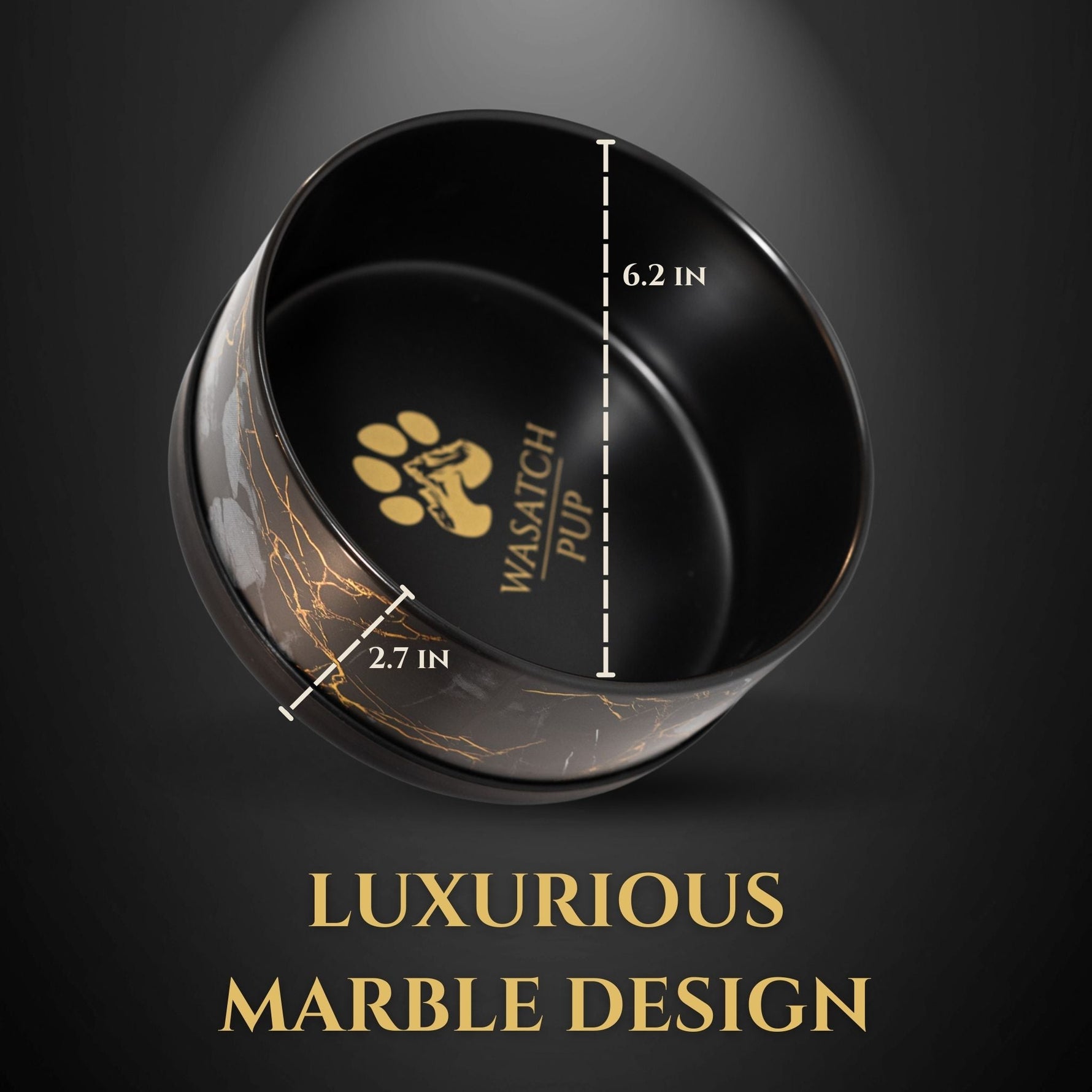 Black ceramic pet bowl with gold marble pattern and interior paw logo, size-marked