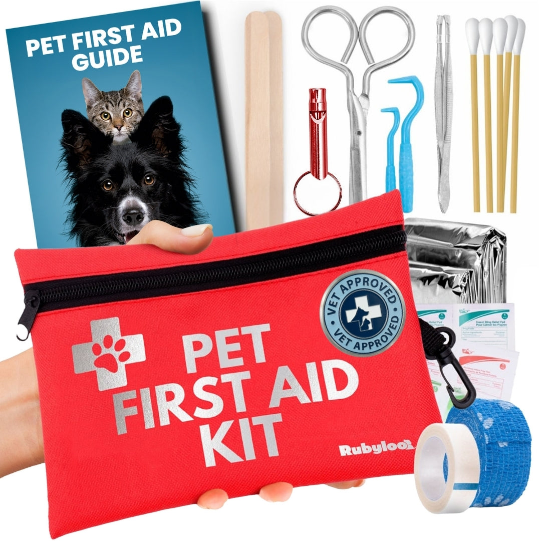 Red pet first aid kit pouch with black zipper and medical supplies accessories