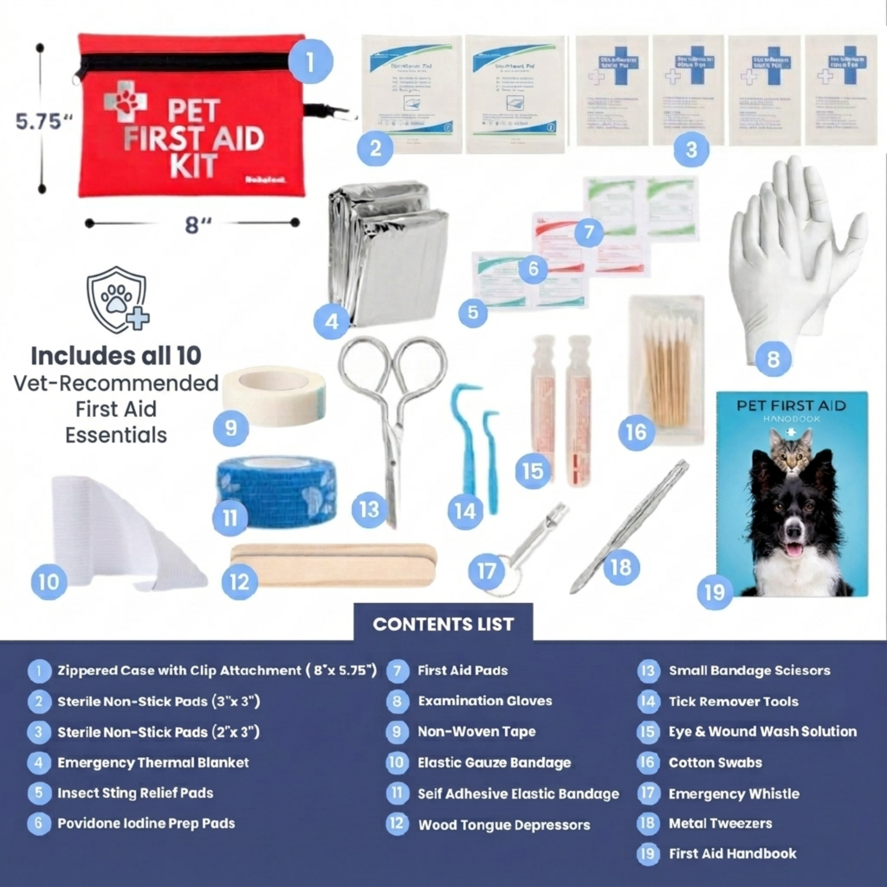 Pet first aid kit contents laid out with pouch, scissors, gloves, and bandage supplies