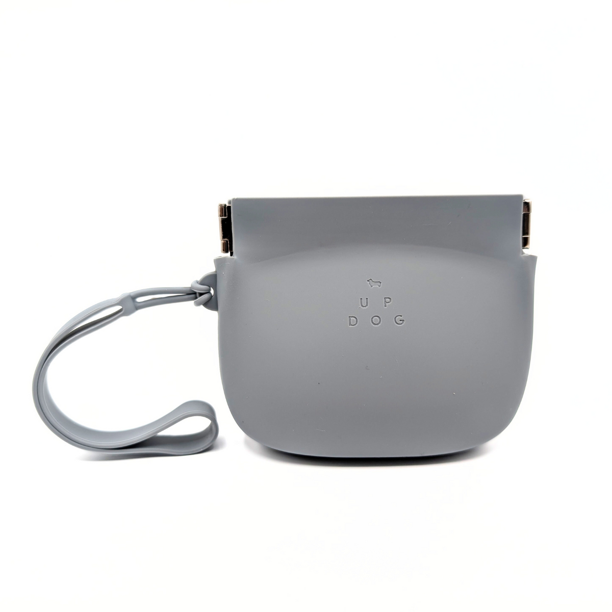 Gray silicone treat training pouch with wrist strap and metal snap clasp closure.