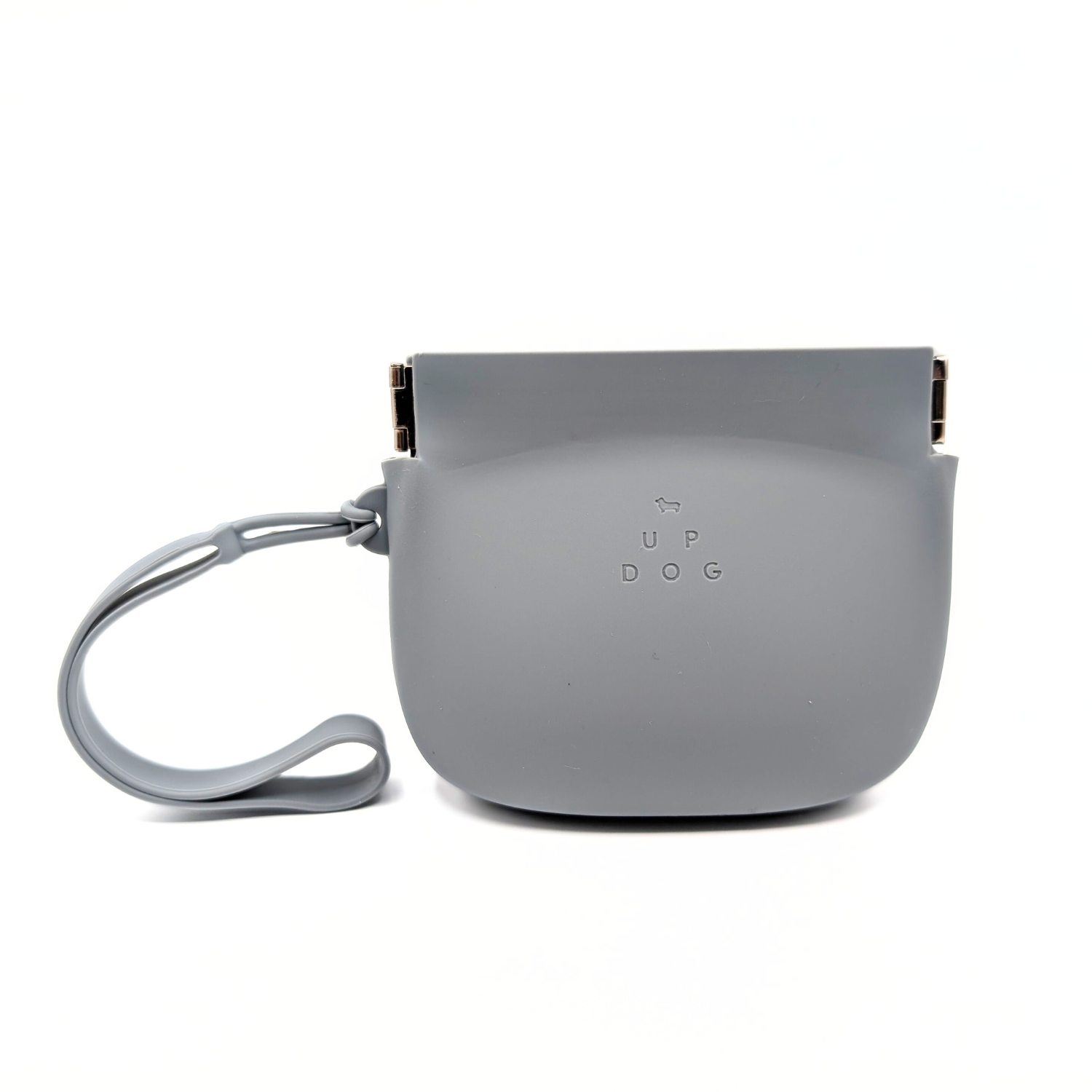 Gray silicone treat training pouch with wrist strap and metal snap clasp closure.