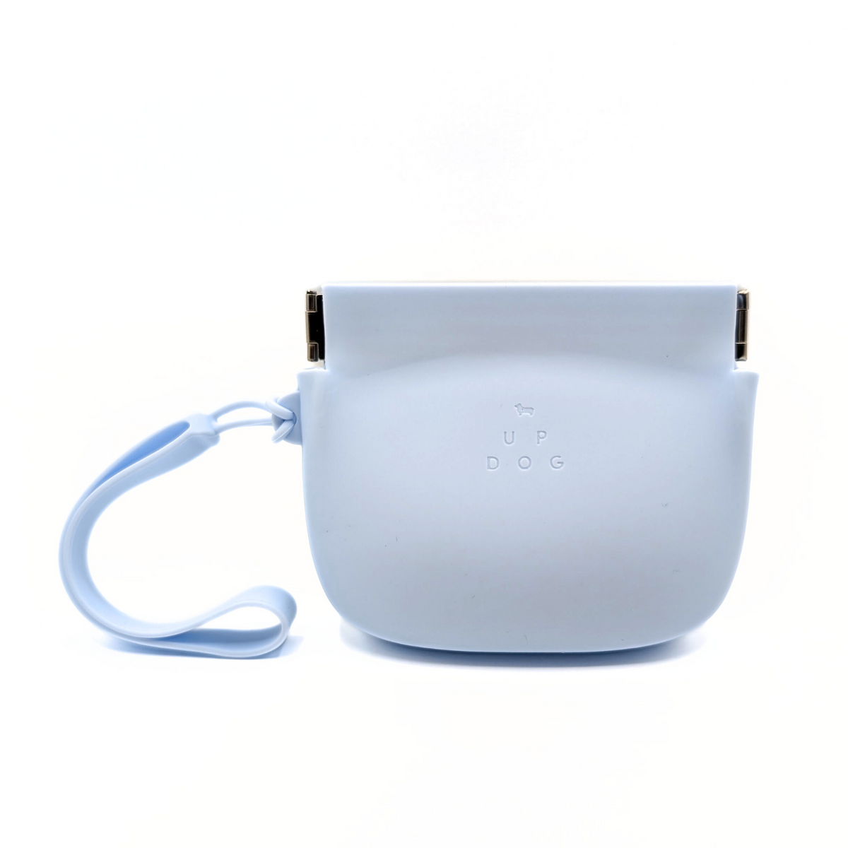 Light blue silicone treat training pouch with snap side clips and wrist strap