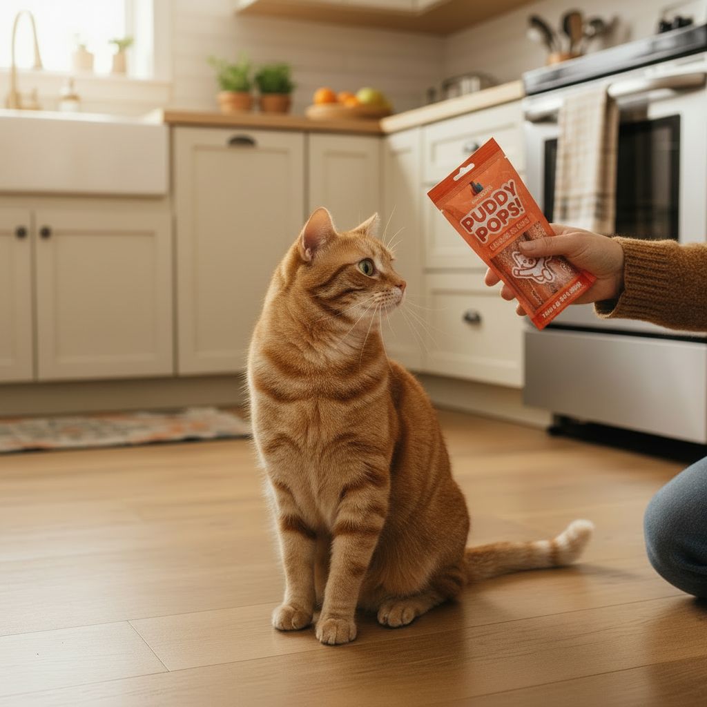 Lickable cat treat pouch held near orange tabby cat