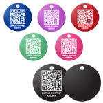 Round QR pet ID tag set in multiple colors with visible QR codes