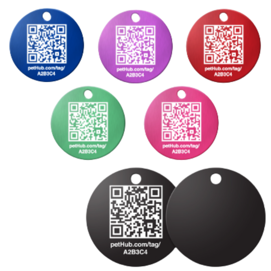 Round QR pet ID tag set in multiple colors with visible QR codes