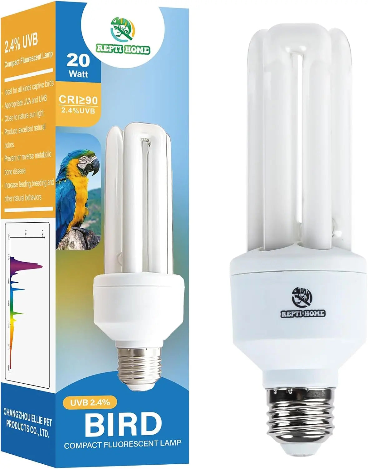 Compact fluorescent bird light bulb with two white tubes and silver screw base