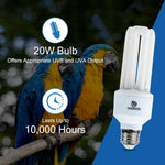 Compact fluorescent 20W bird light bulb with two white tubes and silver screw base