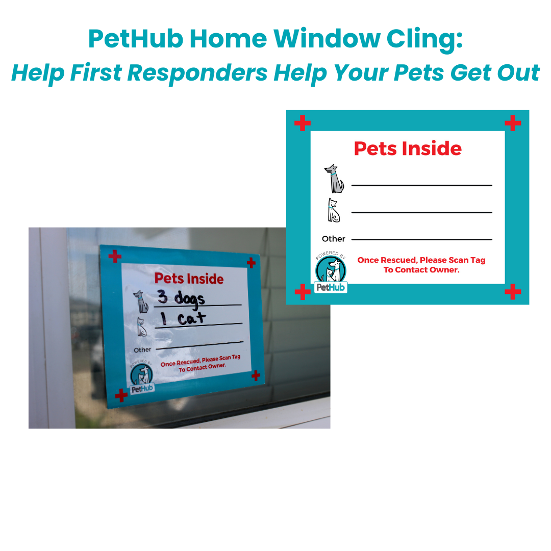 Pets Inside window cling shown on glass with PetHub logo and alert message
