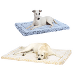 Gray plush fleece mat pet bed with raised border, dog resting on top