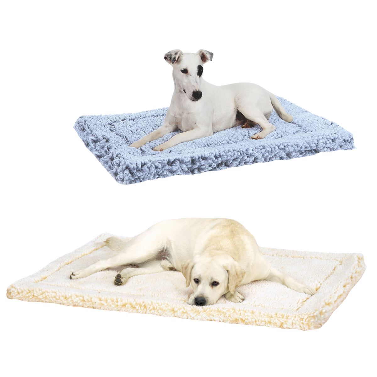 Gray plush fleece mat pet bed with raised border, dog resting on top