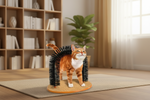 Orange-and-white cat standing on tan base of black bristle arch scratcher