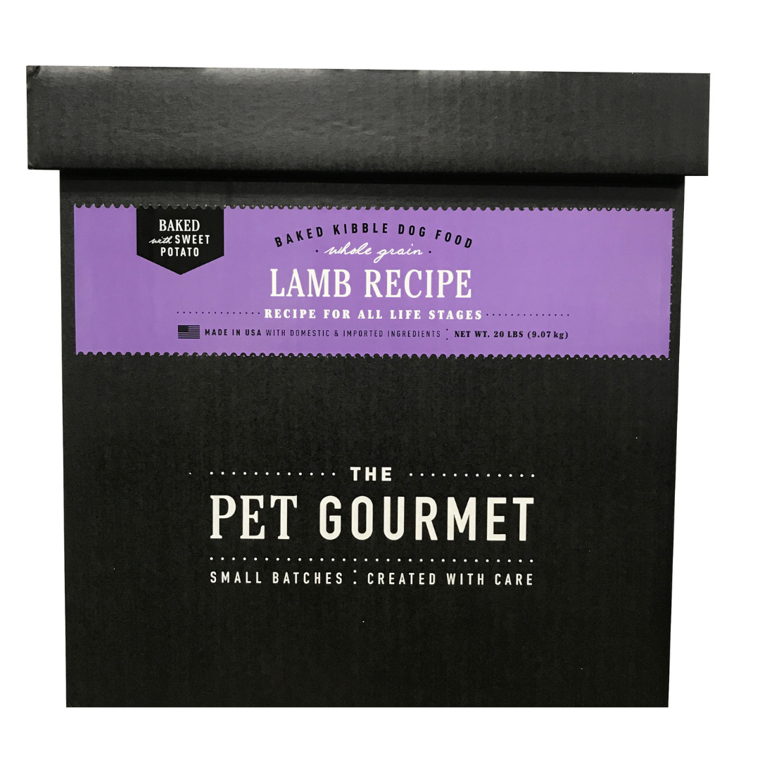 Dog gourmet lamb recipe kibble bag panel with purple label strip