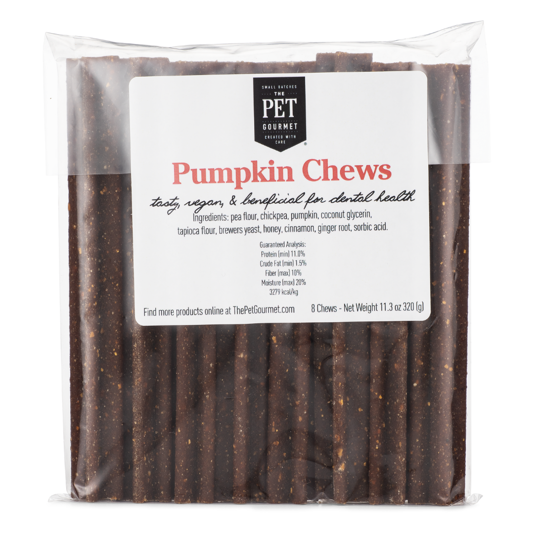 Pet gourmet pumpkin chew bag with dark brown stick treats inside