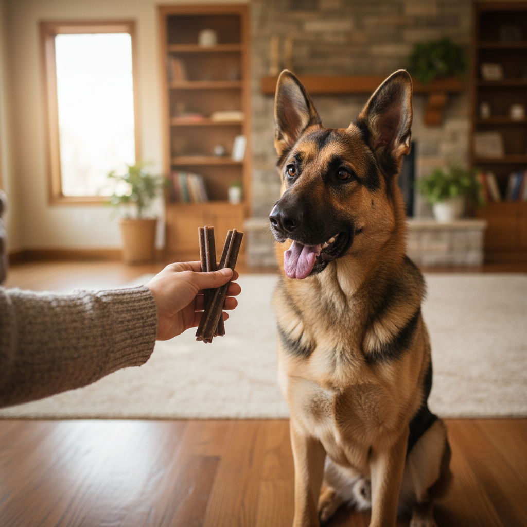 Dog chew sticks, brown treats offered to a German shepherd by hand
