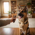 Dog chew sticks, brown treats offered to a German shepherd by hand