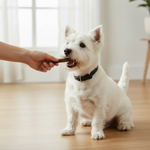 Dog chew sticks, brown treat being tasted by a small white dog
