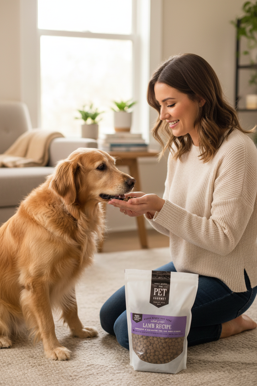 Lamb recipe dog food bag with brown kibble, golden retriever beside person