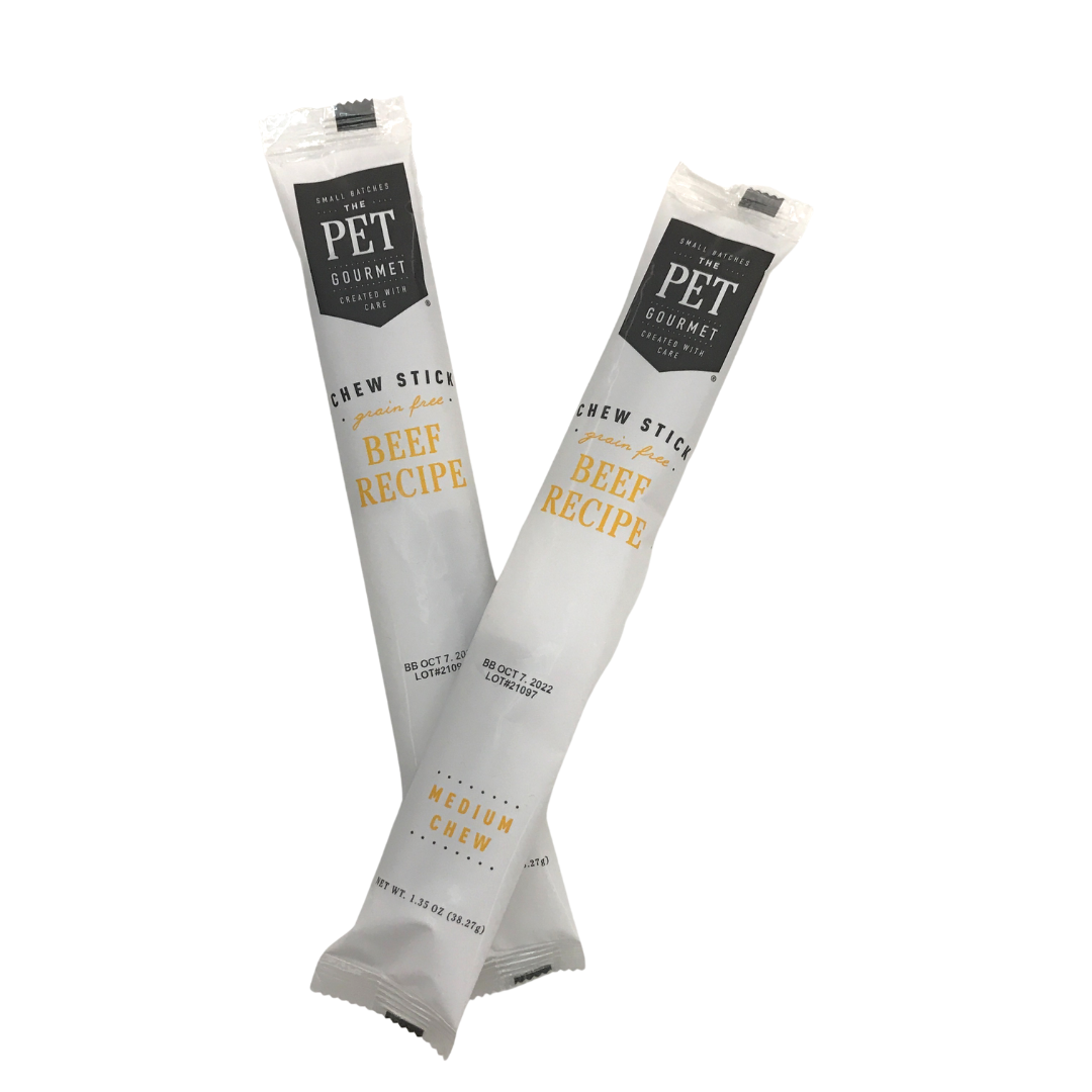 Pet gourmet beef recipe chew sticks in white pouch, medium size