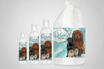Pet color-enhancing shampoo bottles set with dog and cat label, white caps.