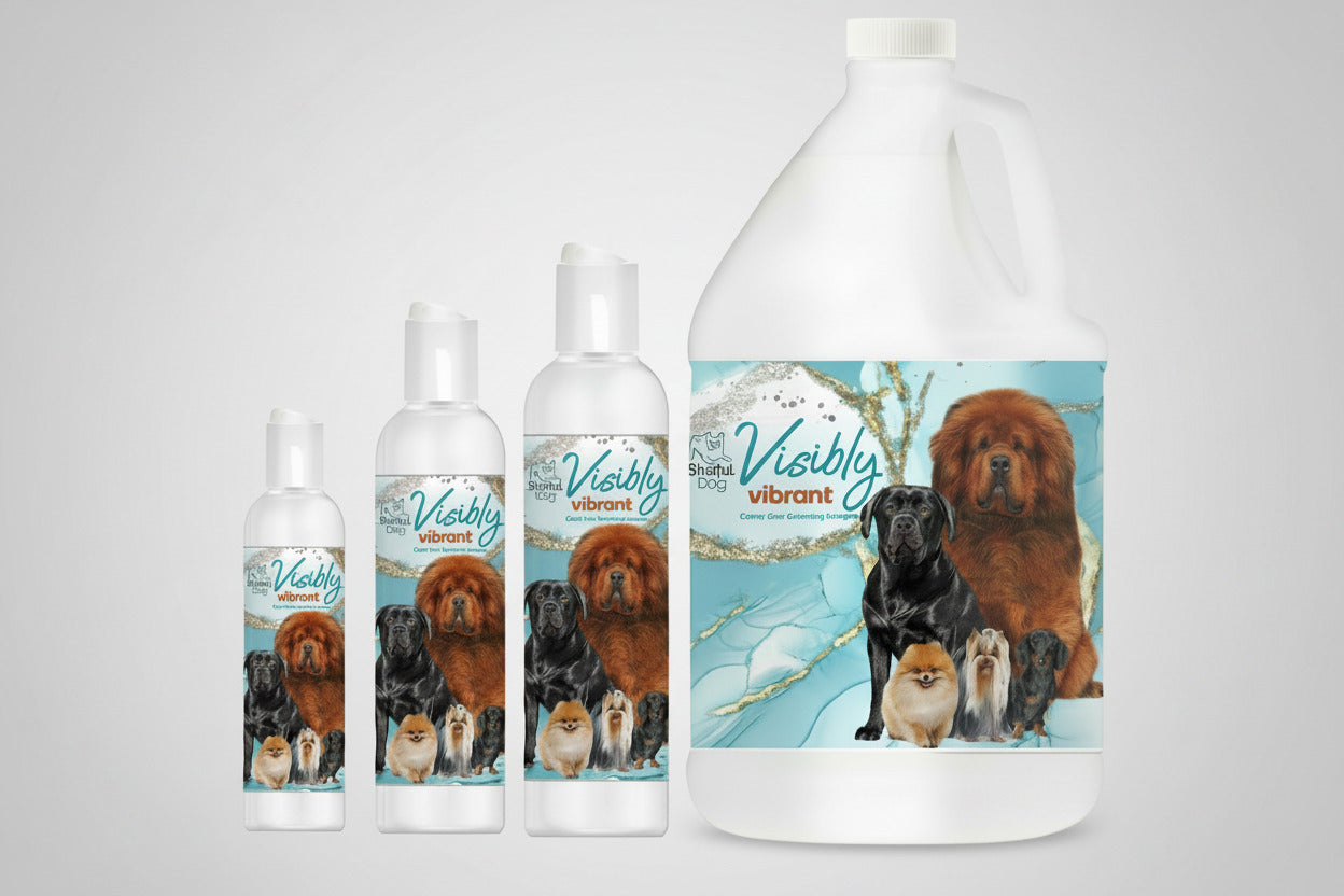 Pet color-enhancing shampoo bottles set with dog and cat label, white caps.