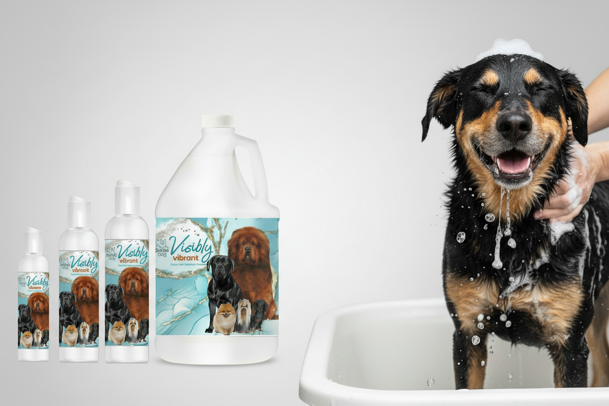 Color-enhancing pet shampoo bottles and large jug with animal-themed label, white caps.