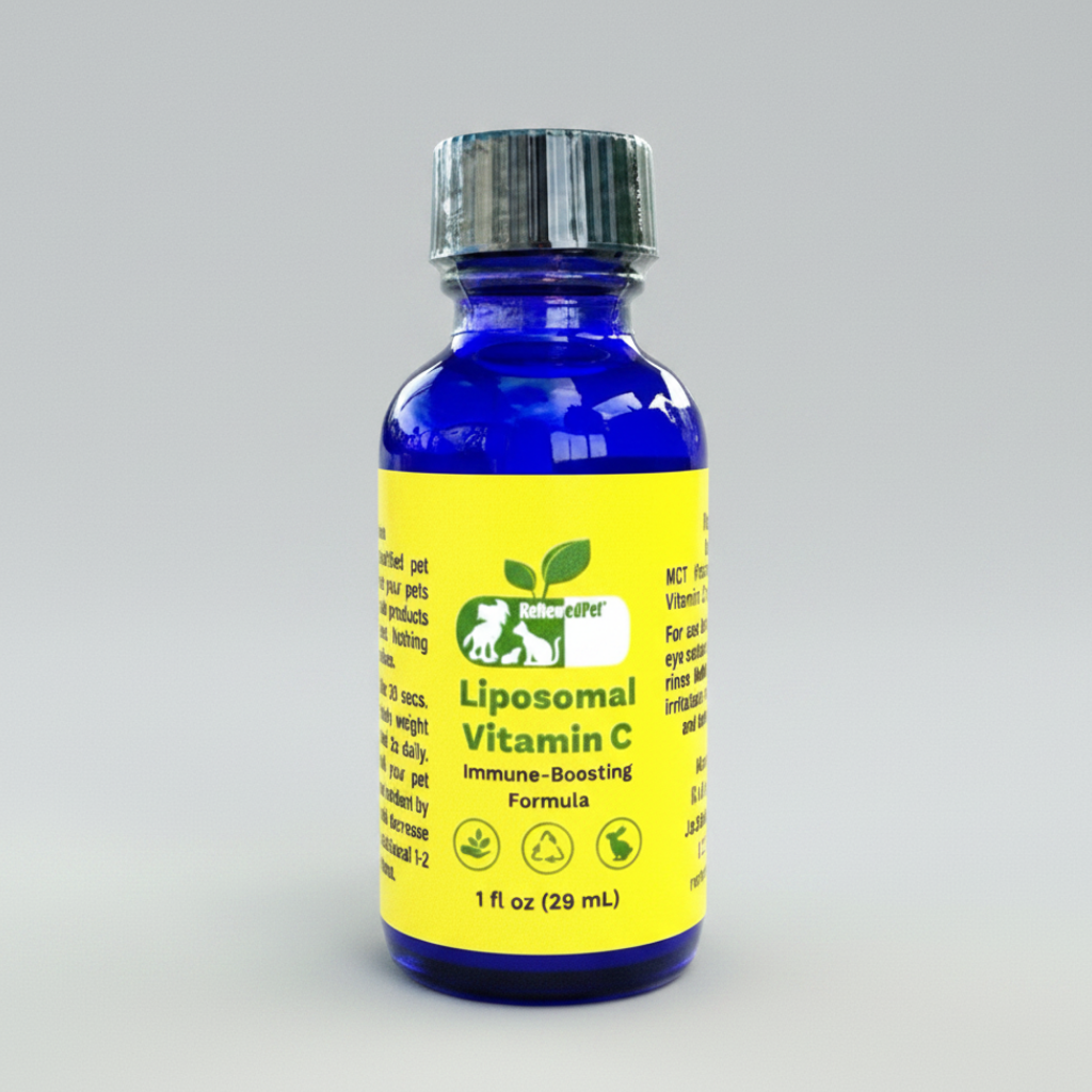 Liposomal Vitamin C pet supplement bottle, close-up of yellow label and blue glass