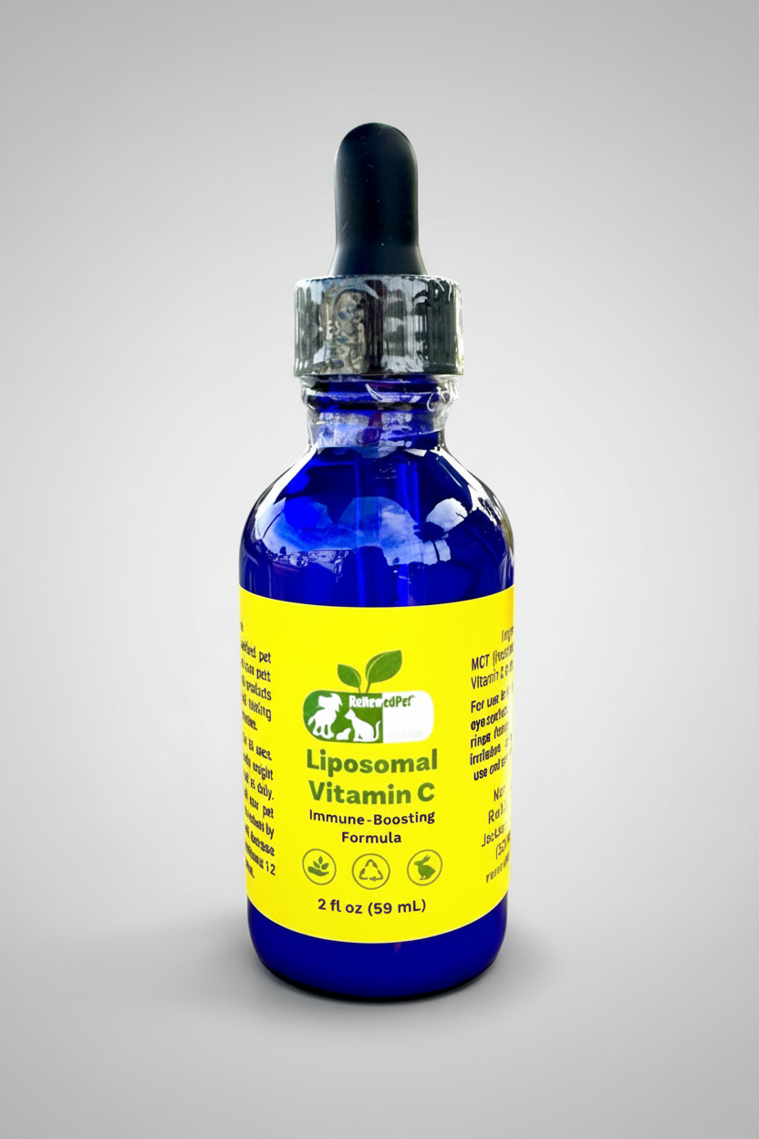 Liposomal Vitamin C pet supplement bottle, blue liquid, yellow label, dropper top
