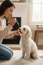 Dog drinking vitamin C from dropper, liquid pet supplement