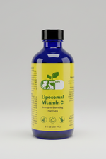 Liposomal Vitamin C pet supplement bottle, blue glass with yellow front label